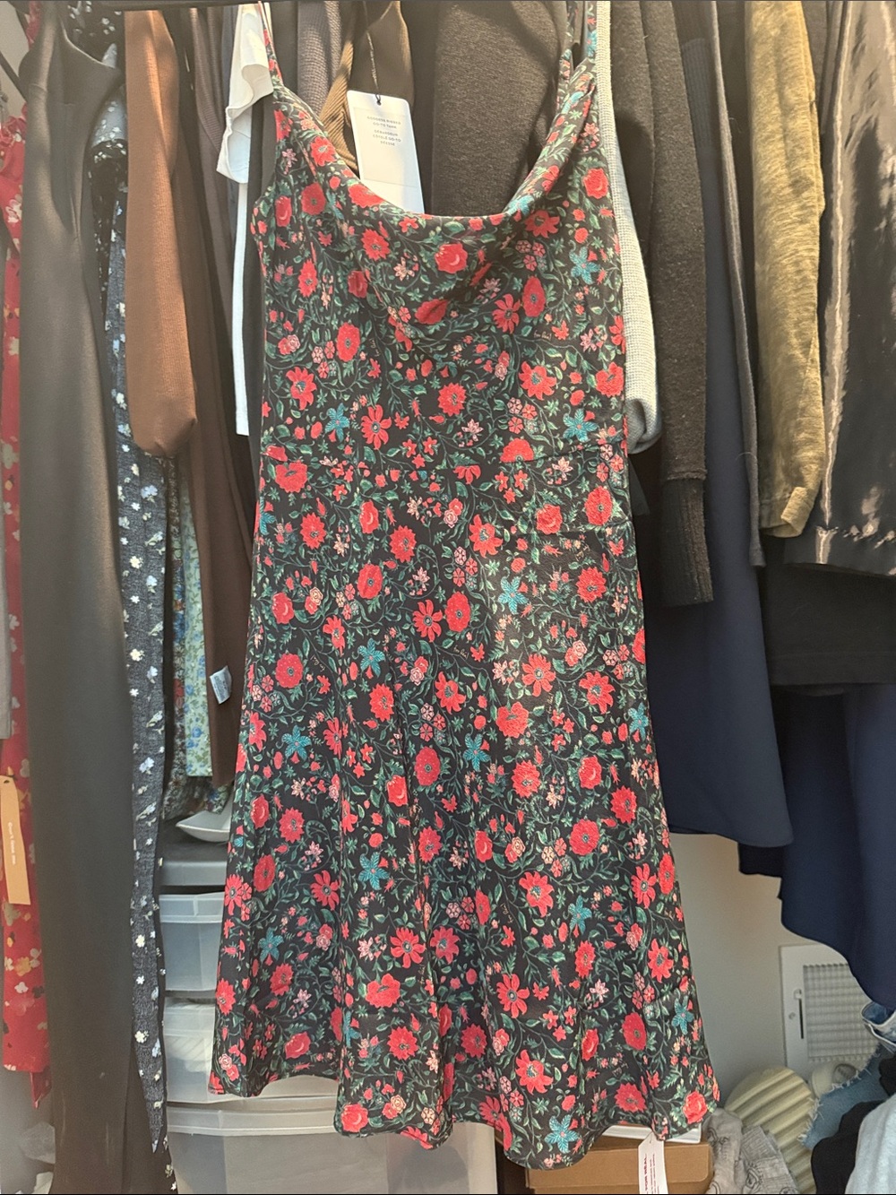 Realisation Par Black Slip Dress with Red Floral Print